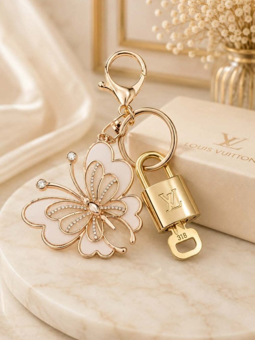 LV Authentic Gold Padlock 🔒 Key Set w/ Unbranded Butterfly Keychain Charm